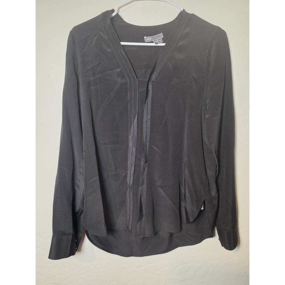 VINCE 100% Silk Satin Long Sleeved Blouse Band-Collar XS Quiet Luxury Shirt